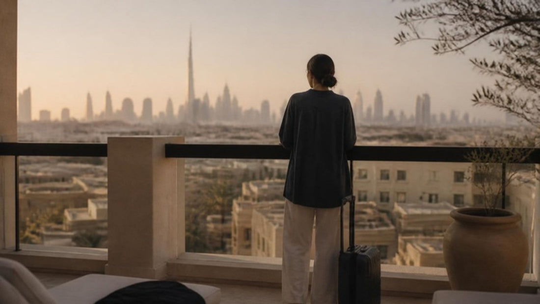 Cabin crew candidate on a hotel balcony at dusk overlooking a Middle East city skyline