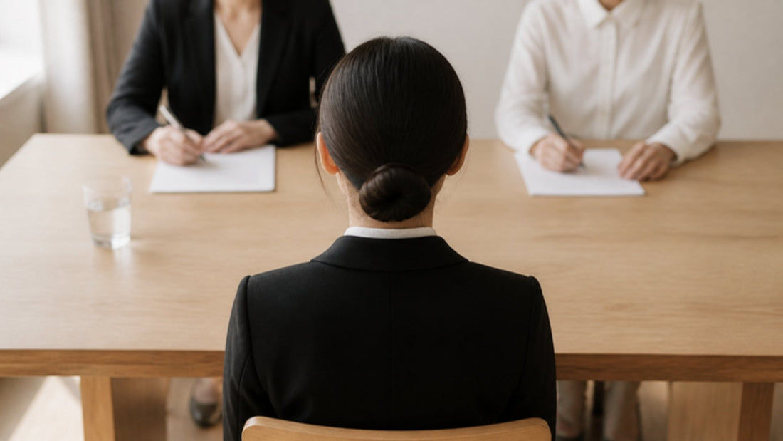 Cabin crew candidate facing two interviewers at the final interview