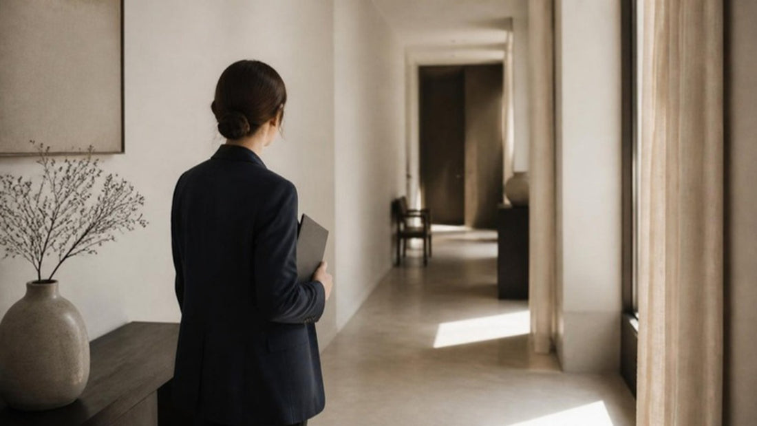 Candidate pausing in a hotel corridor on assessment day